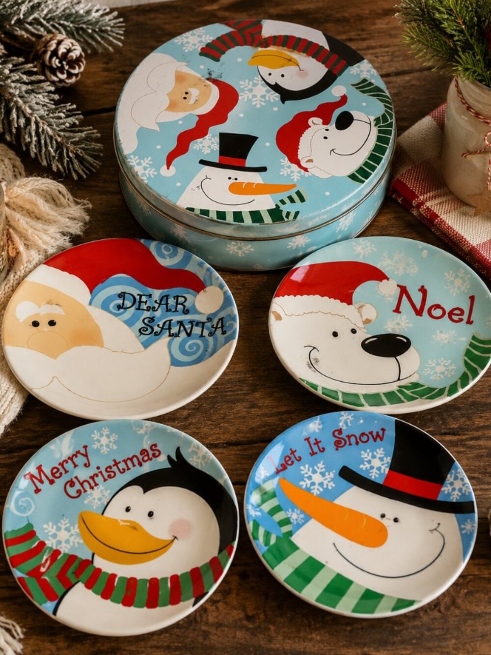 Winter Wonderland Christmas Plates Set of 4 Decorative Tin Santa Snowman